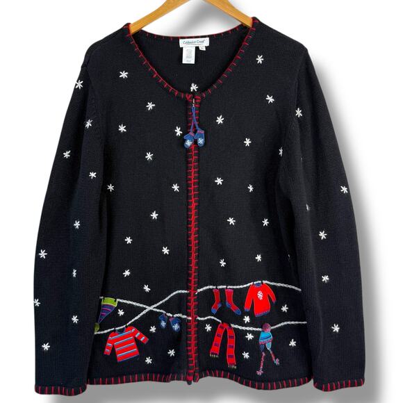 Vtg Coldwater Creek Black Christmas Cardigan Sweater Clothesline Snowflake XL - Picture 1 of 9